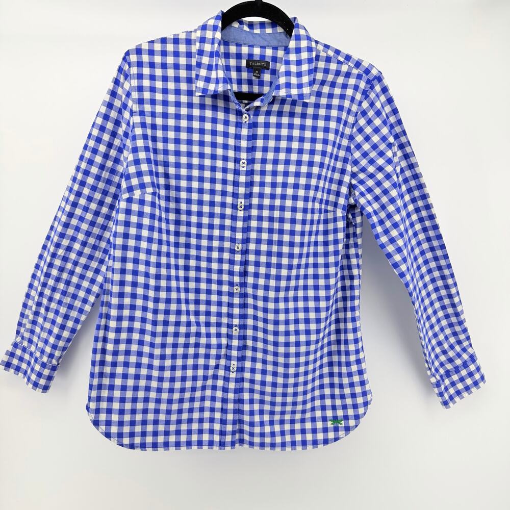 Talbots Blue Gingham Cotton Shirt M Picnic Cottagecore Preppy Whimsical Country